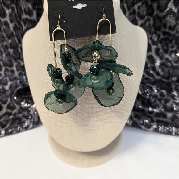 Green Organza Petal Earrings with Gold Beads - Picture 2 of 7
